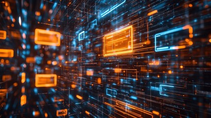 Abstract Glowing Digital Lines and Box Network Futuristic Technology Background