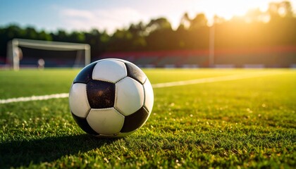 Soccer ball on green stadium field—central placement on trimmed grass under floodlights. Empty grandstands and visible goalpost in background suggest pre-game or post-match quiet. Scene captures antic