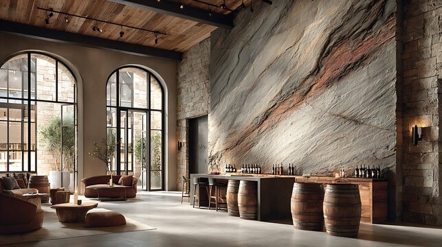 Luxurious wine tasting room featuring oak wine barrels and spacious stone wall with empty area on the side for branding, ideal for vineyards, restaurants, and wineries.