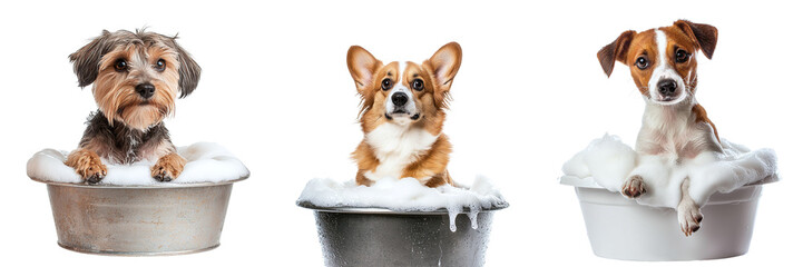 Set of cute bathing dogs sitting in basin with foam isolated on transparent background PNG