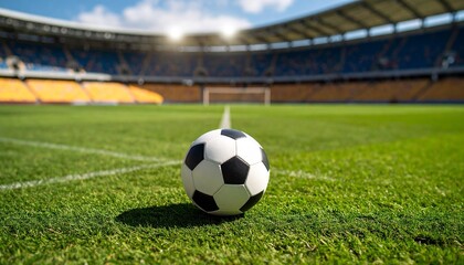 Fototapeta premium Soccer ball on green stadium field—central placement on trimmed grass under floodlights. Empty grandstands and visible goalpost in background suggest pre-game or post-match quiet. Scene captures antic
