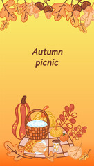 Vector illustration of fall picnic in the forest with yellow leaves