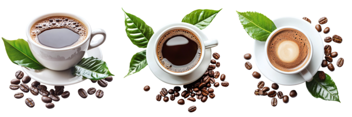 Set of coffee cups with coffee beans and coffee leaves isolated on transparent background PNG
