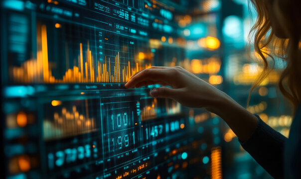 Human hand interacting with digital financial data charts on transparent screen showcasing predictive financial analytics and trend forecasting technology in futuristic environment