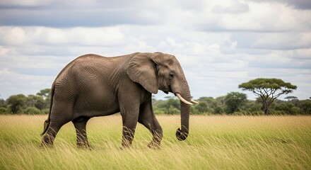 Obraz premium Majestic Gray Elephant Walking in Grassy Savannah Landscape