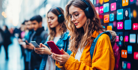 Diverse group of young adults using smartphones with headphones streaming social media content on colorful digital interface background outdoors