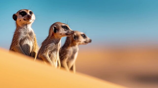Vigilant meerkat animals standing alert on sand dune in desert wildlife nature under clear blue sky showing curious behavior in natural habitat