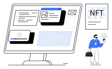 Desktop interface with open windows for emails, images, videos, and NFT. Professional holding light bulb emphasizing innovation. Ideal for NFT, creativity, digital marketing, business content
