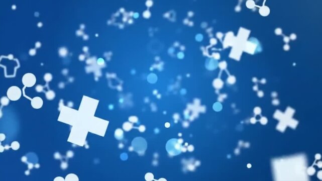 Abstract Medical Background Loop &ndash; Blue Floating Cross Icons, Molecules, and Particle Glows for Healthcare & Presentation Use

