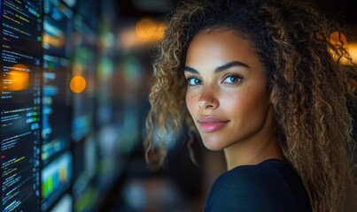 Young woman data analyst working with real time digital data visualization on multiple transparent screens in modern office at night with futuristic technology concept