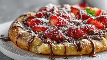 Delicious strawberry galette with chocolate and powdered sugar on a white plate. Use this image for food blogs, dessert recipes, or sweet treats promotion.