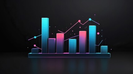 Neon illuminated bar graph with a line graph overlay against a dark reflective background