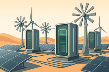 Digital illustration of renewable energy sources including wind turbines and solar panels in desert landscape, emphasizing sustainable energy technology and eco friendly power generation