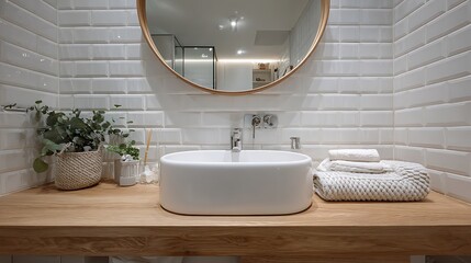 Modern bathroom interior with white ceramic sink, round mirror and clean blank tiled wall, ideal for branding, wellness design, and minimalist lifestyle advertising concepts.