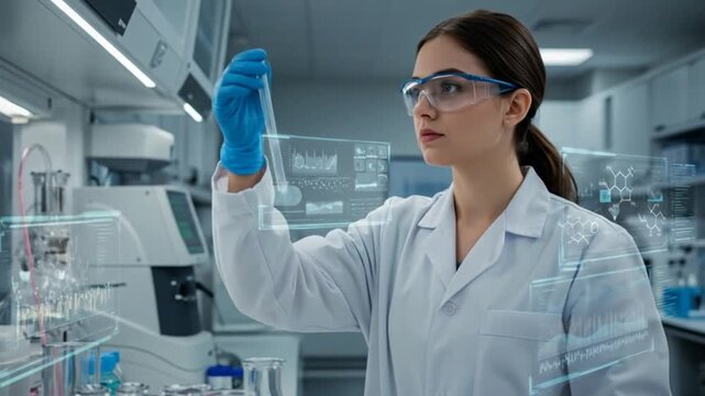 Female scientist analyzing a test tube in a modern laboratory with digital data overlays and equipment - Powered by Adobe
