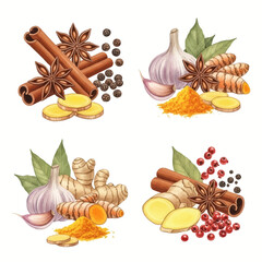 Watercolor Illustrations of Aromatic Spices and Herbs for Culinary and Medicinal Purposes.