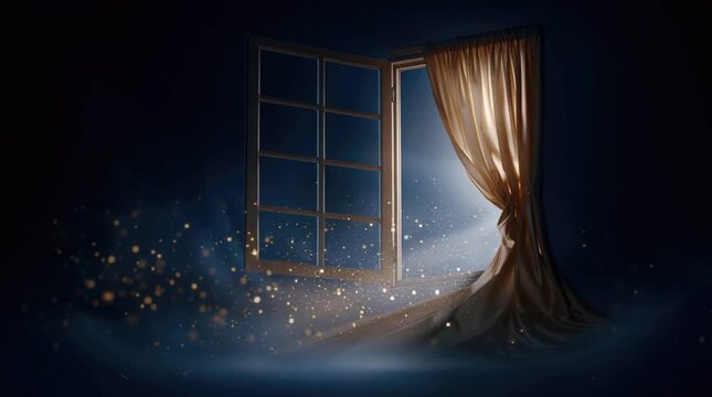 Open Window with Golden Curtain and Magical Dust