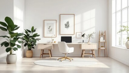 Bright home office setup with desk chair plants and artwork in a minimalist style room setting