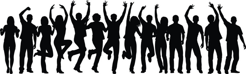 Silhouettes of joyful people jumping and dancing in celebration, diverse group expressing excitement, energy, unity, fun, and party vibes