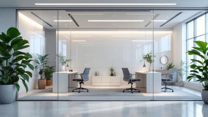 Modern office space with glass walls, desks, chairs, and plants in a bright and minimalist design