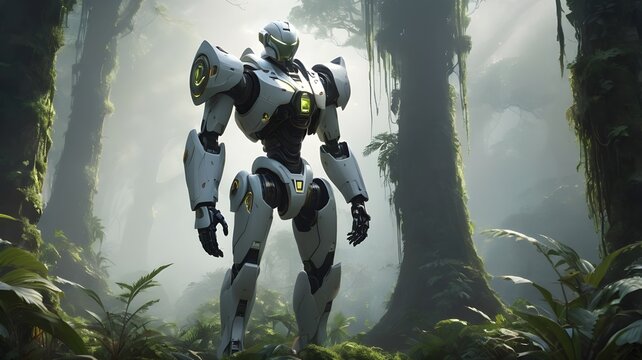 Imposing futuristic android sentinel on a reconnaissance mission in a dense, fog-filled jungle, blending technology with nature.