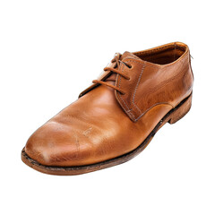 A worn, tan leather oxford shoe