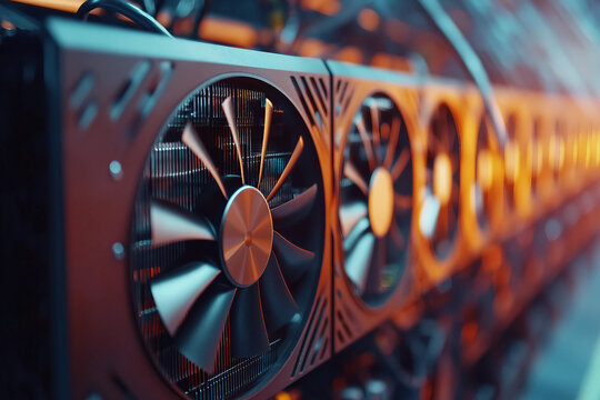 Powerful crypto mining farm with hundreds of graphics cards and neon lights for cryptocurrency blockchain data center generative ai - Powered by Adobe