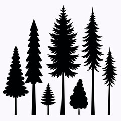 Fototapeta premium Collection of eight different pine tree silhouettes isolated on white background
