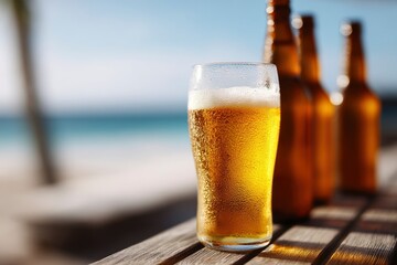 A glass of beer condensation present stands on a wooden surface near bottles with a blurred beach in the background