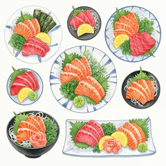 Watercolor Sashimi Plates: Artistic Depictions of Fresh Salmon and Tuna.