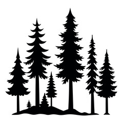 Obraz premium Collection of detailed pine tree silhouettes isolated on white background