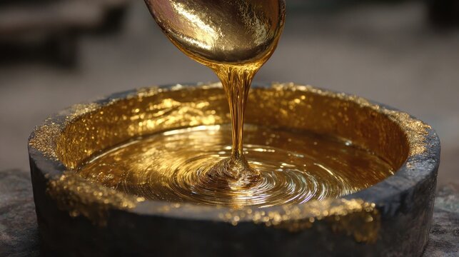 Golden liquid is poured into a stone bowl, creating a swirling pattern. Use this image to portray wealth, luxury, or a Midas touch concept.
