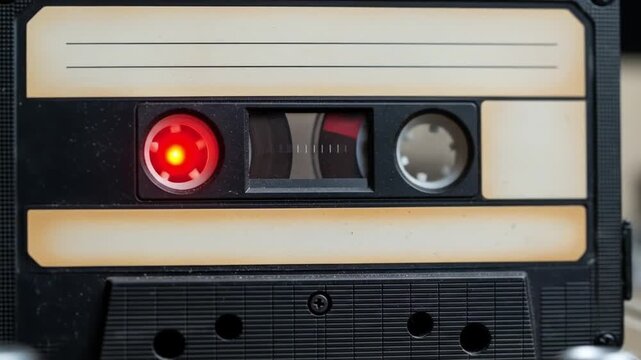 Vintage tape recorder with white cassette tape inside. Perfect for retro audio recording concepts, music themes, and nostalgic designs.
