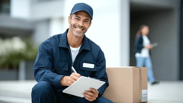 Courier double checking address on package before delivery