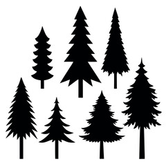 Obraz premium Collection of eight different pine tree silhouettes isolated on white background