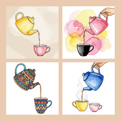 Watercolor Teapots Pouring Tea into Cups with Colorful Artistic Designs.