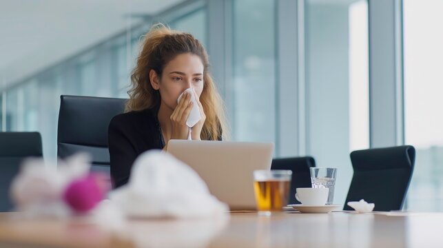 Woman Sneezing in Office While Working on Laptop