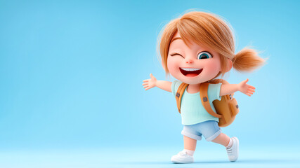 Back to school. Smiling, joyful and funny schoolgirl on a blue background. Little girl with a backpack on her back winks cheerfully. Illustration with space for copying