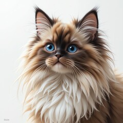 A fluffy cat with striking blue eyes posing gracefully against a plain background.
