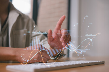 investment financial concept Business finance data analytics graph.Financial management technology.Advisor using KPI Dashboard on virtual screen, man using computer laptop working with data charts