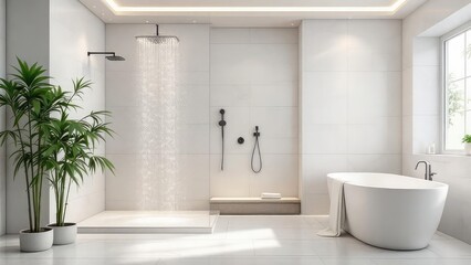Bright bathroom with walk in shower and freestanding tub in a modern minimalist design style