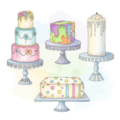 Whimsical Cakes: Colorful Decorated Desserts on Elegant Cake Stands.