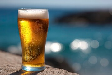 A glass of chilled beer with condensation sits against a blurred ocean backdrop