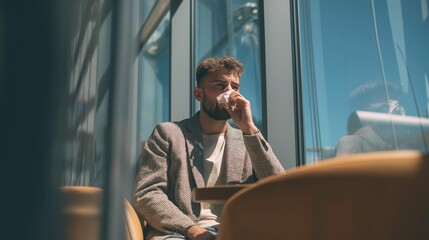 Man in Cafe with Tissue, Reflective Mood
