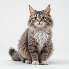 A fluffy gray cat with striking green eyes poses gracefully against a clean white background.