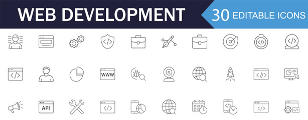 Web Development line Icon Set. Features icons of coding, security, API, and project launch. Perfect for programming apps and IT service websites.
