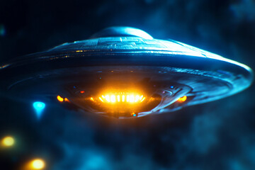 UFO hovering over dense forest with glowing lights, mysterious alien spacecraft, science fiction concept, generative ai