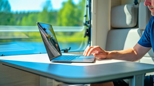A man living the van life on a remote work journey. A digital nomad enjoys travel freedom, working on a laptop in a camper, a 4K video.