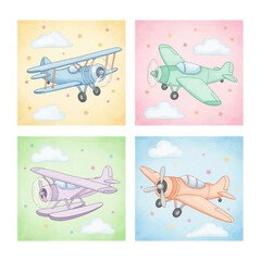 Colorful Cartoon Airplanes Flying with Clouds and Starry Skies.