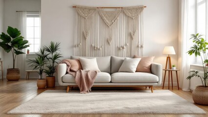 A living room featuring a sofa with pillows, a macrame wall hanging, and various potted plants